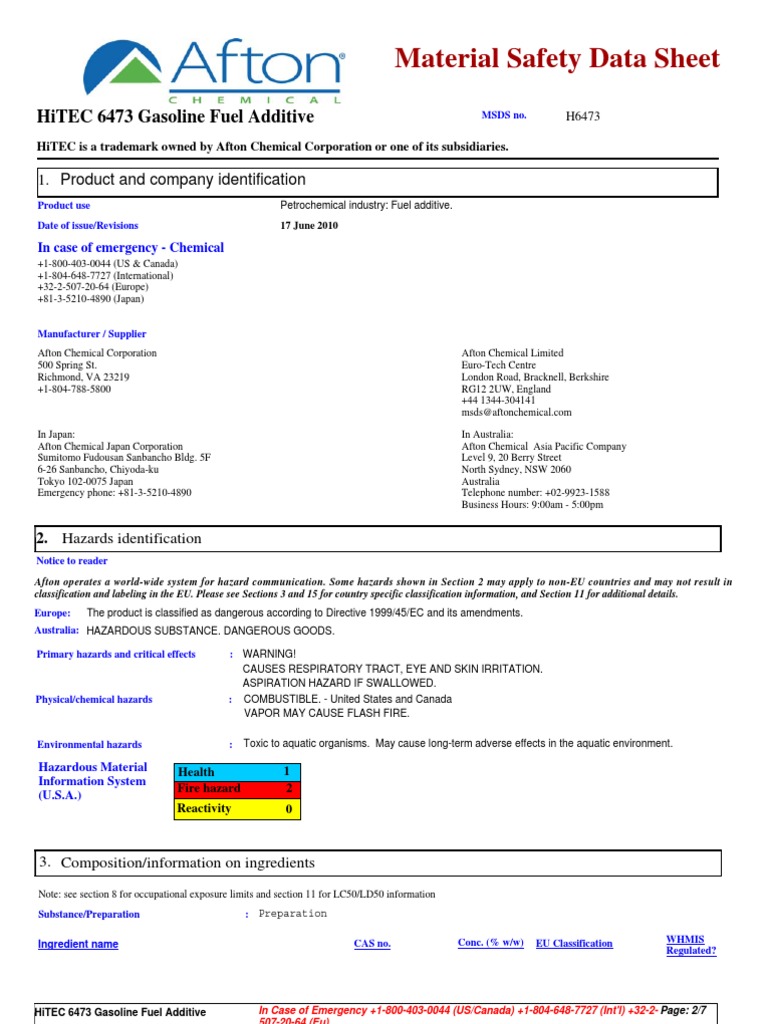 Material Safety Data Sheet for HiTEC 6473 Gasoline Fuel Additive PDF