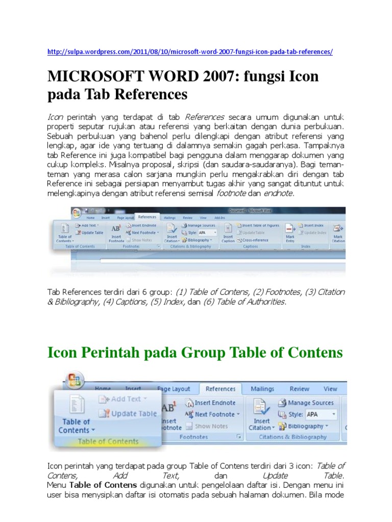 Makalah TIK Fungsi Tab References pada Ms. Word 2007