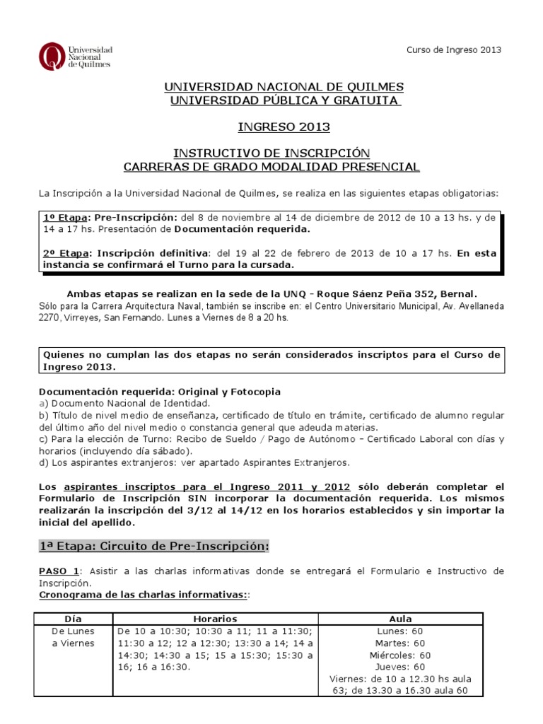 Ingreso UNQ 2013: Inscripción y Requisitos | PDF | Prueba (evaluación ...