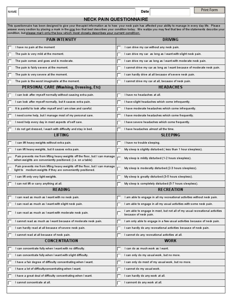 Neck Pain Questionnaire Form PDF Headache Pain