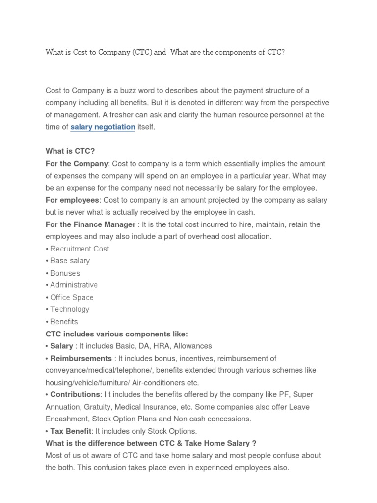 Cost To Company | PDF | Employee Benefits | Salary