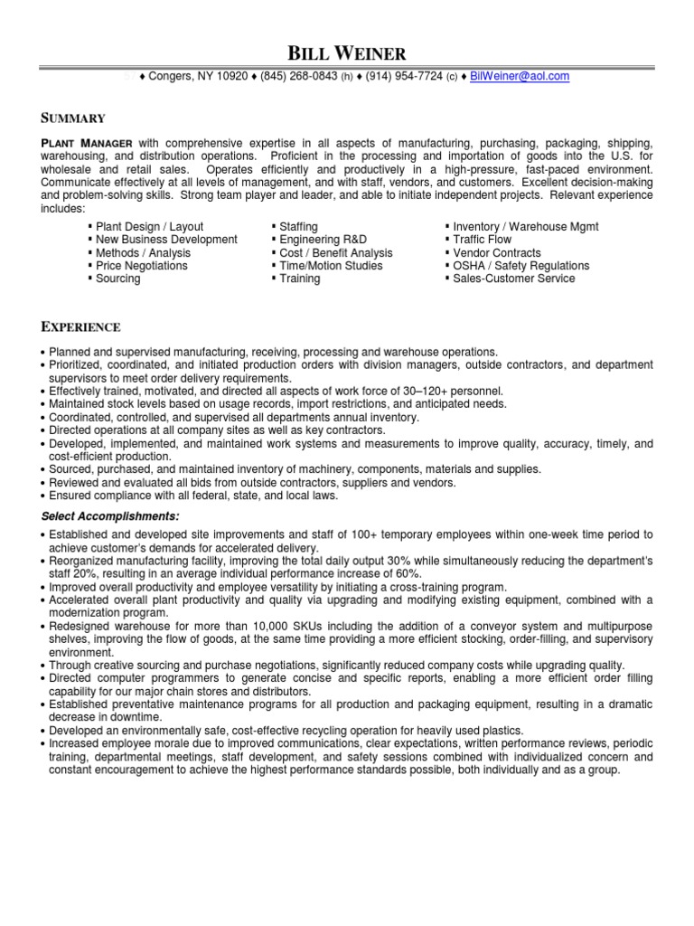 Plant Manager Manufacturing Textiles in Congers NY Resume