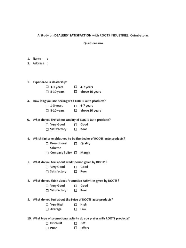 Dealers satisfaction Questionnaire