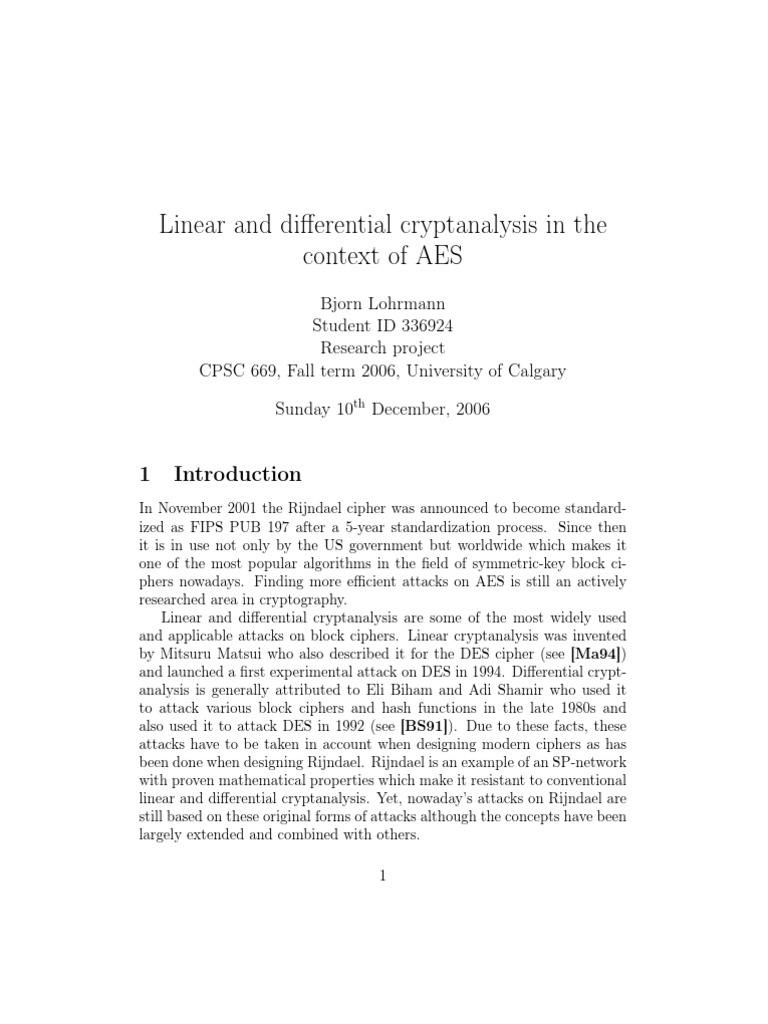 Linear and Differential Cryptanalysis in The Context of AES | PDF ...