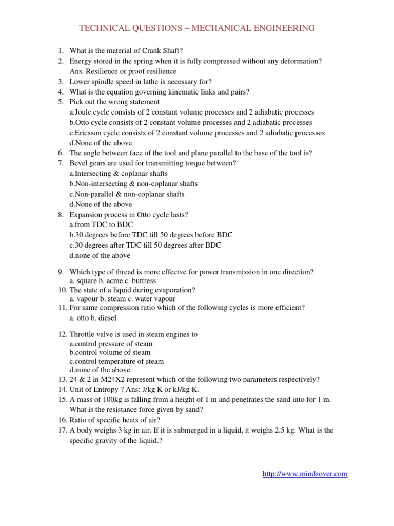Mechanical Interview Questions PDF Fluid Dynamics Gear