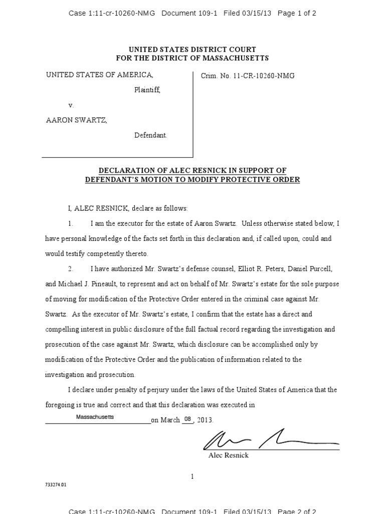 Declaration of Alec Resnick in Support of Defendant's Motion To Modify ...