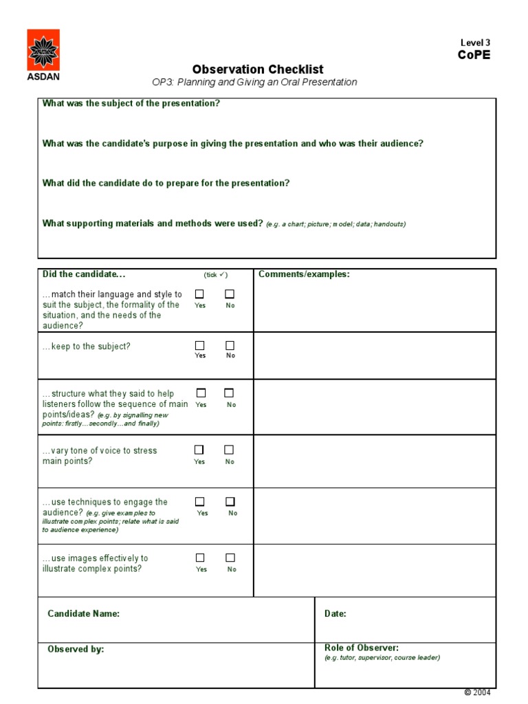 Cope Observation Checklist: OP3: Planning and Giving An Oral ...