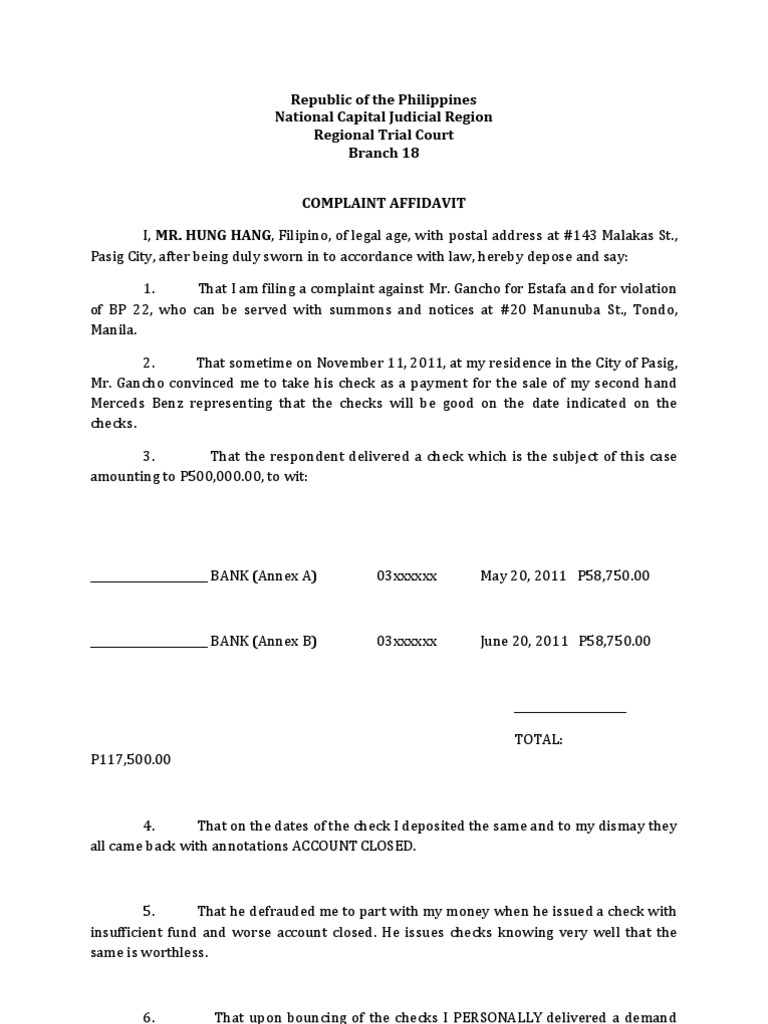 SAMPLE Complaint Affidavit BP 22 PDF
