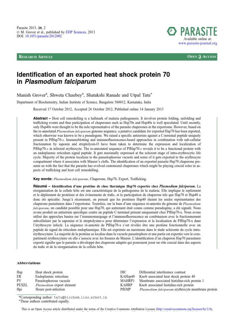 Identification of An Exported Heat Shock Protein 70 in Plasmodium ...