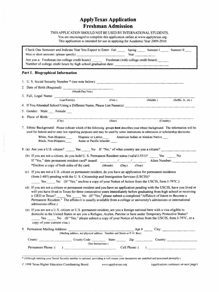 ApplyTexas Freshman Admission Form | PDF | Citizenship Of The United ...
