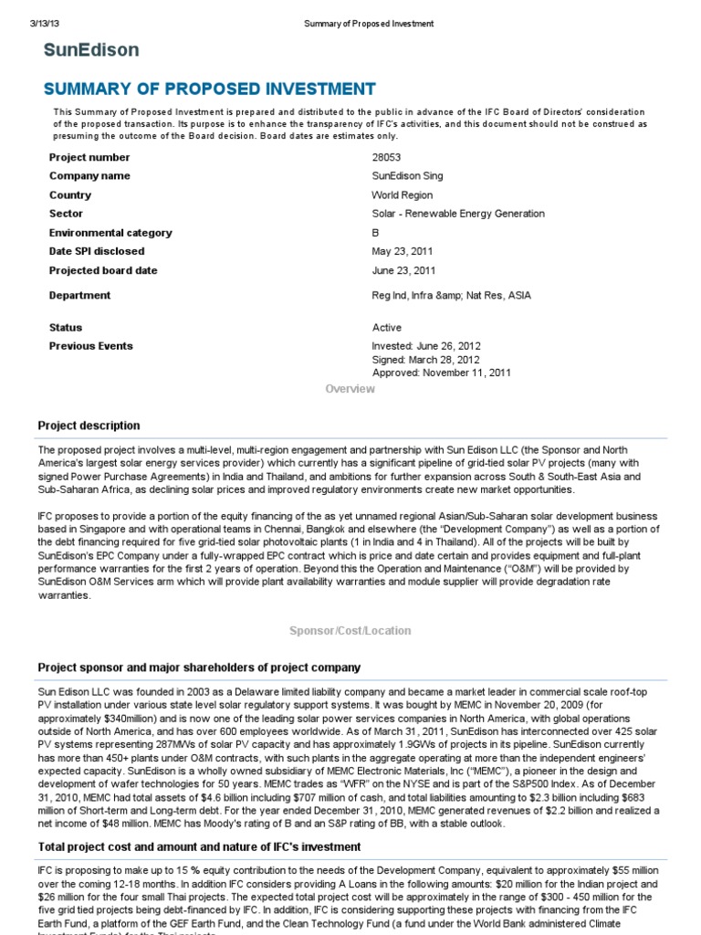 IFC Summary of Proposed Investment International Finance Corporation