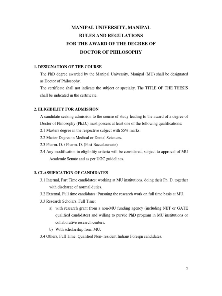 Manipal University PhD Admission Guidelines | PDF | Thesis | Doctor Of ...