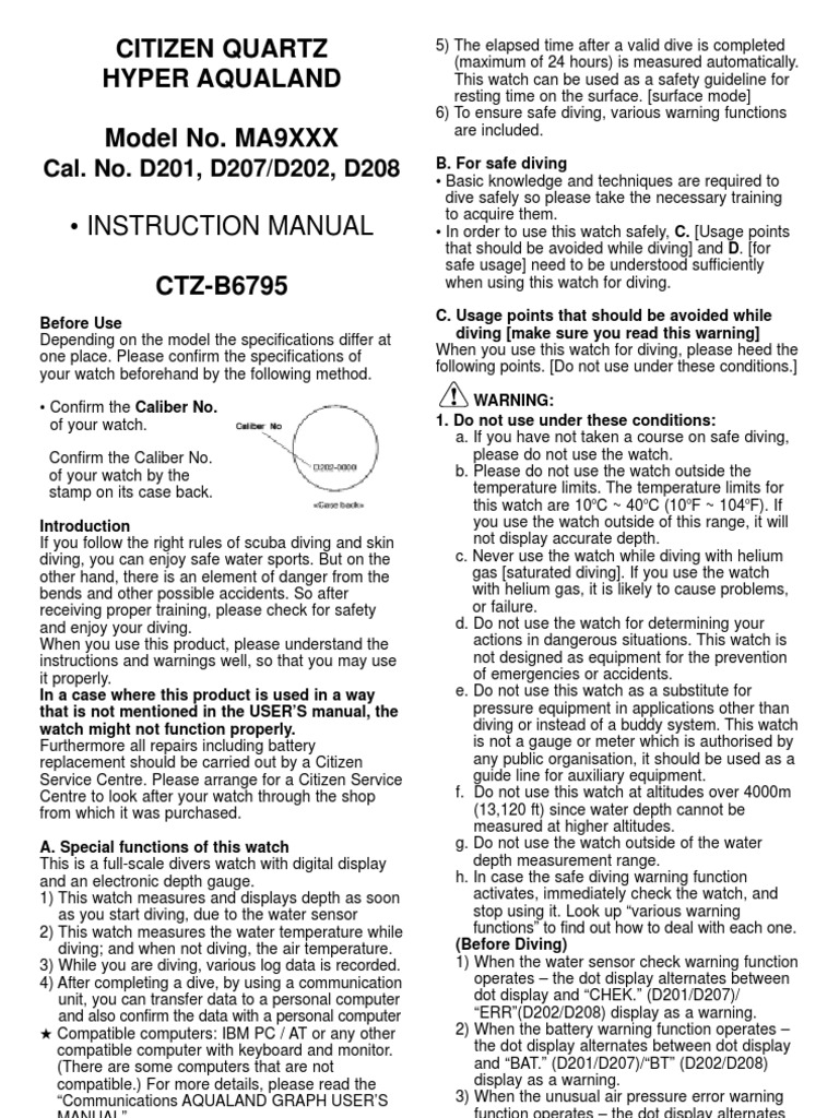 Citizen Instruction Manual D202 | PDF | Scuba Diving | Watch