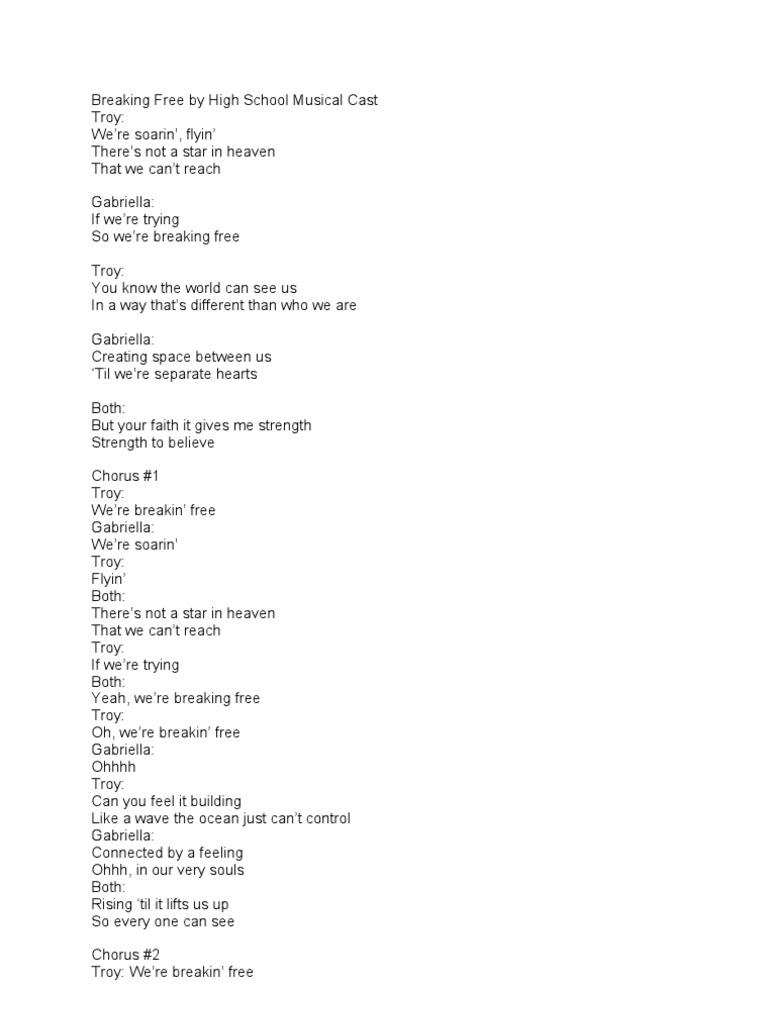High School Musical Breaking Free Lyrics PDF