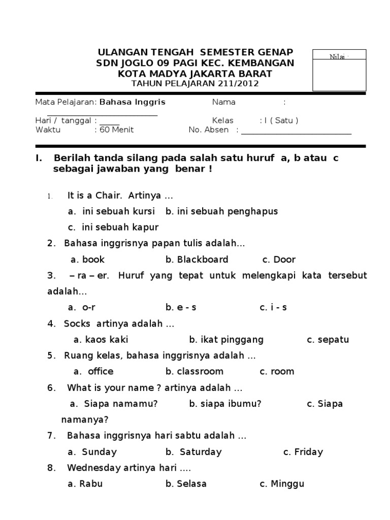 Contoh Uts Bahasa Inggris Kelas 1 Pdf