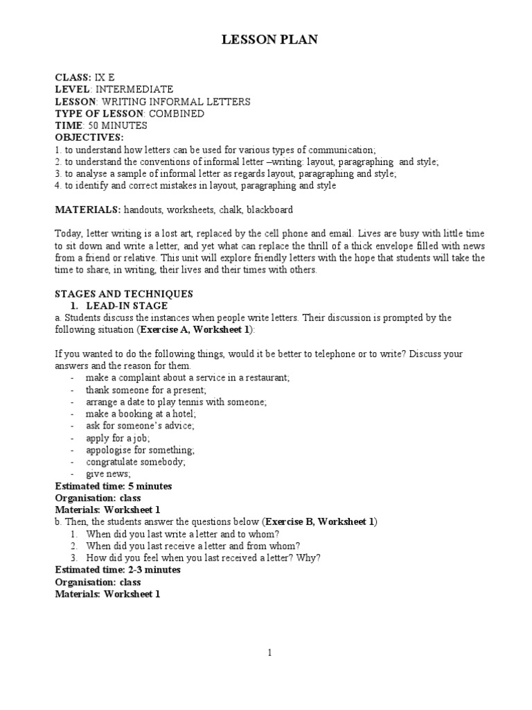 Writing Informal Letters | Paragraph | Lesson Plan