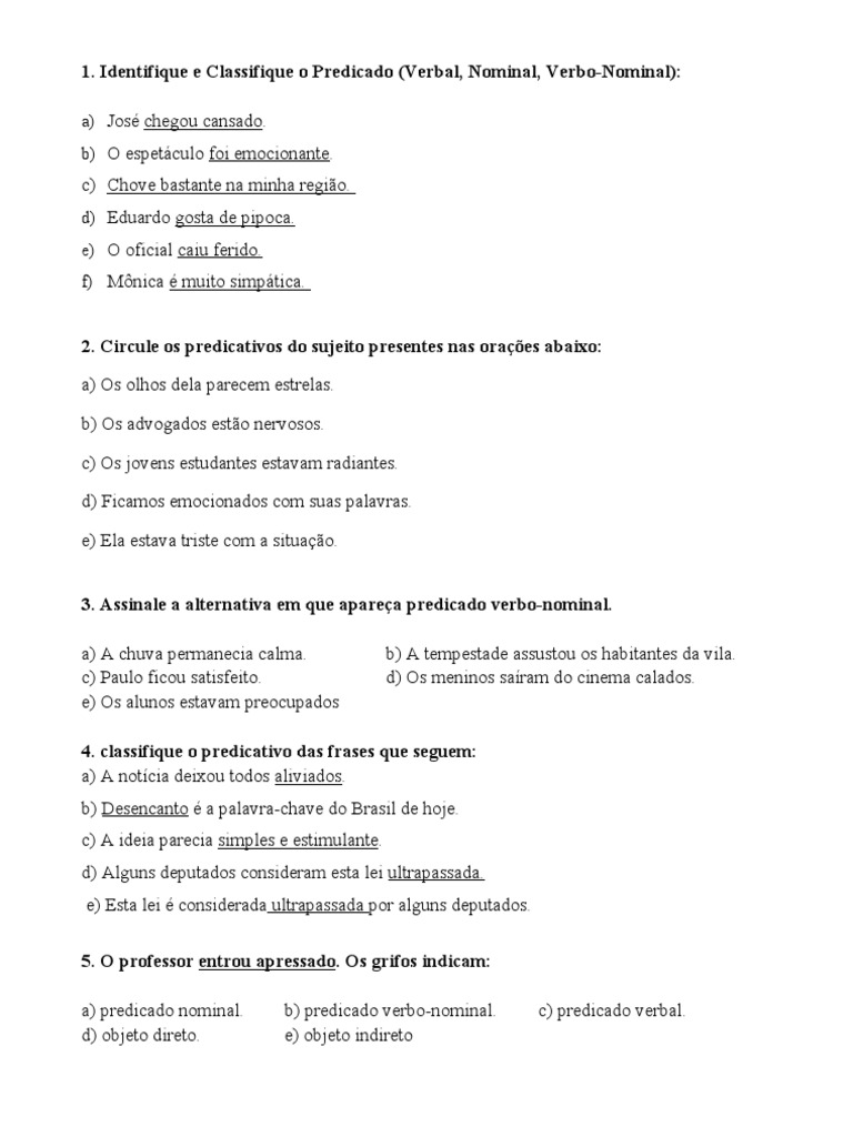Exercícios sobre Predicado Verbal e Nominal | PDF | Jogos e Atividades ...