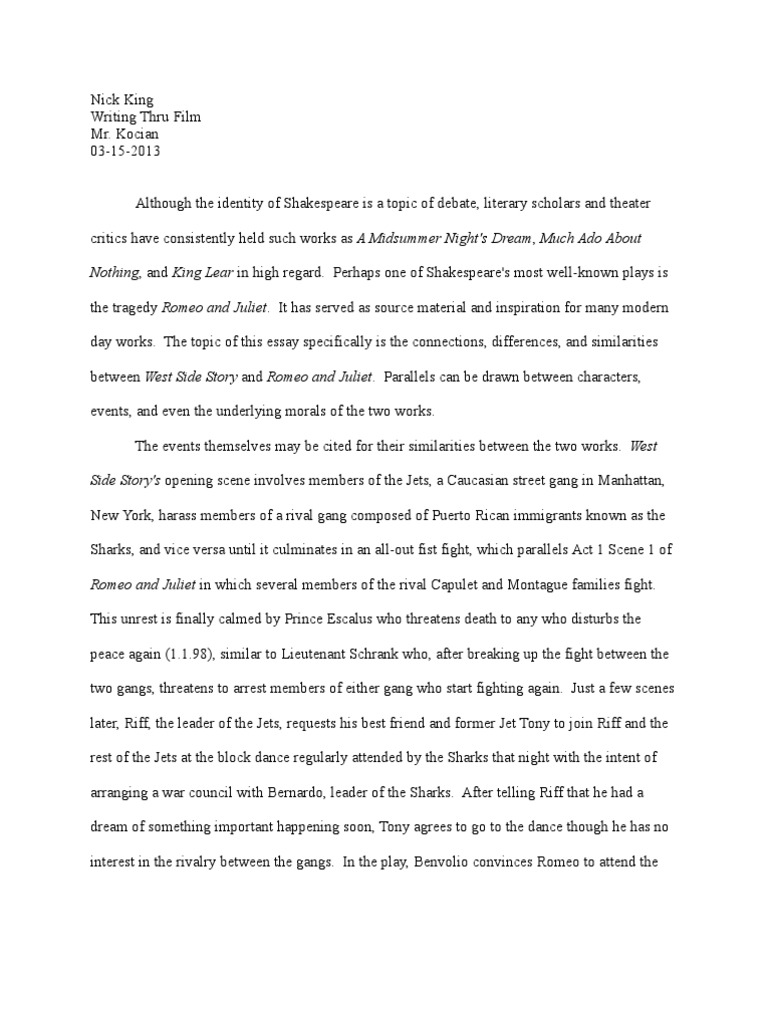 West Side Story V Romeo And Juliet Characters In Romeo And Juliet Romeo And Juliet