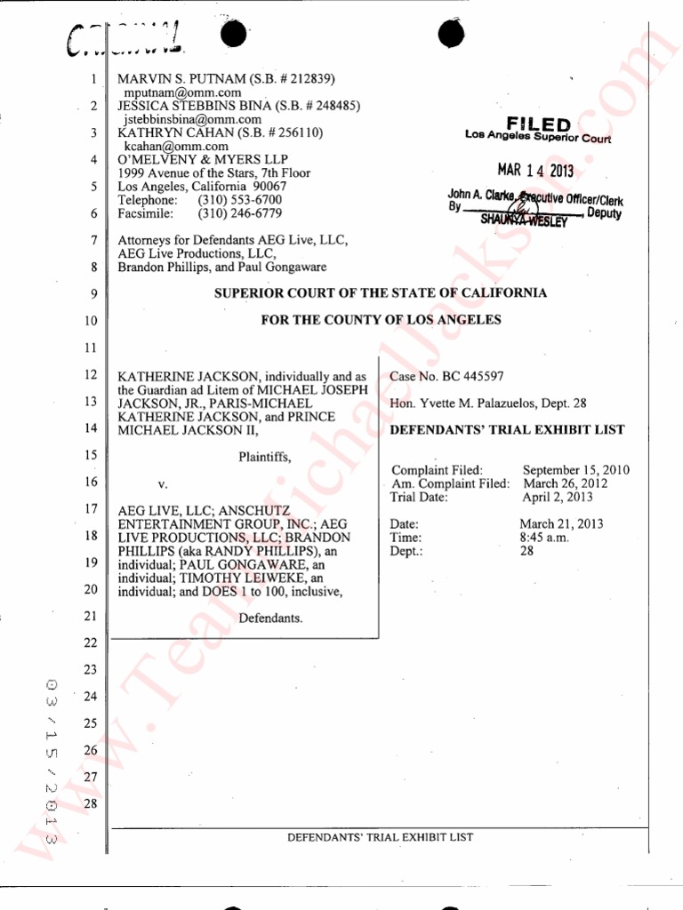 Defendants Trial Exhibit List Michael Jackson Show Business