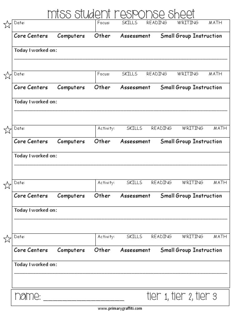 MTSS Student Response Sheet: Name: - Tier 1, Tier 2, Tier 3 | PDF