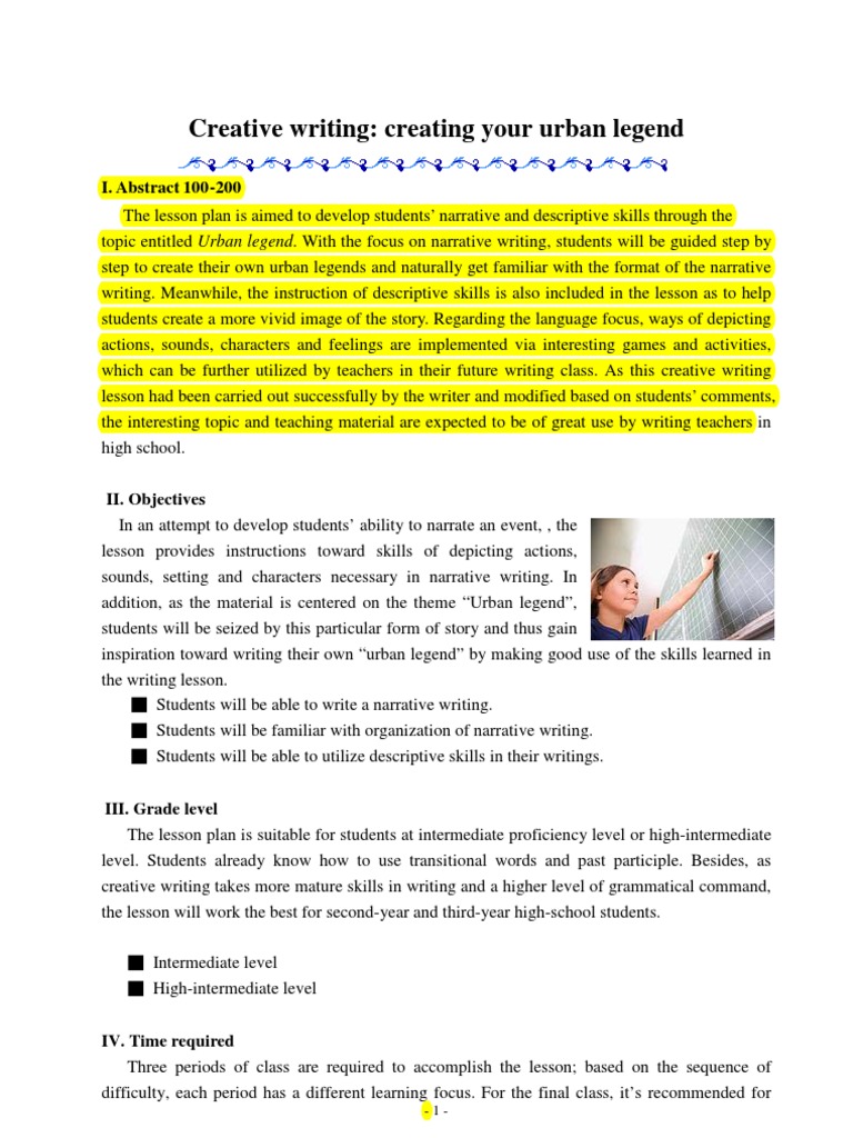 Urban LegendCreative Writing Lesson Plan Narrative