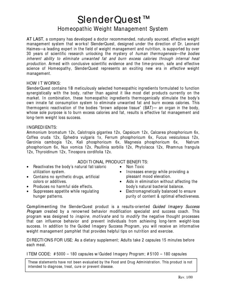 Slender Quest Details | PDF | Weight Management | Homeopathy