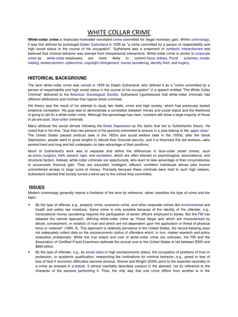 White Collar Crime Historical Background PDF Deviance (Sociology