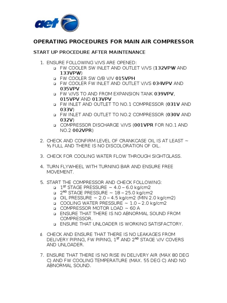 Operating Procedures For Main Air Compressor PDF