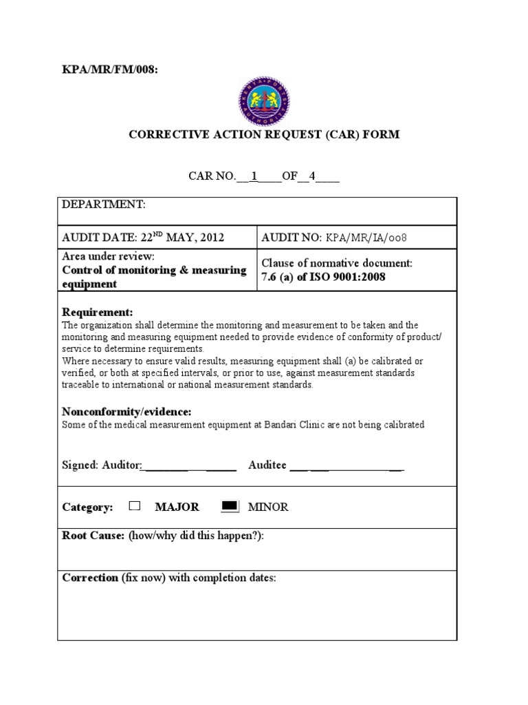 Corrective Action Request Form ISO 9001 | PDF | Iso 9000 | Audit