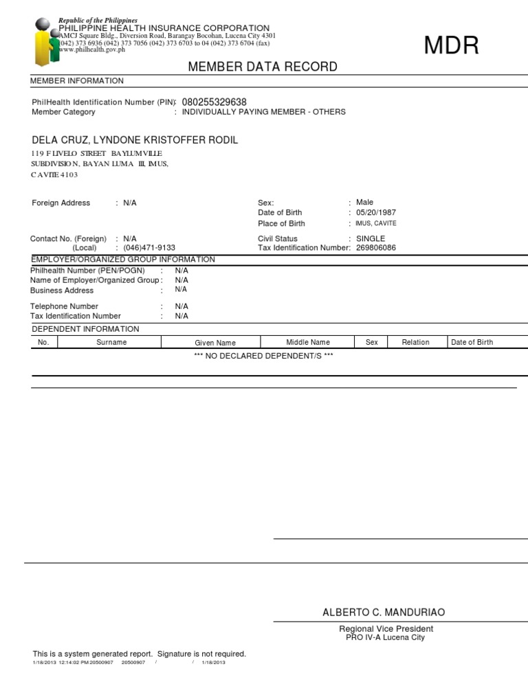 Member Data Record: Philippine Health Insurance Corporation | PDF ...