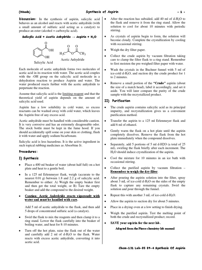 Chem-131 Lab-05 09-4 Synthesis of Aspirin (STD) | PDF | Acetic Acid ...