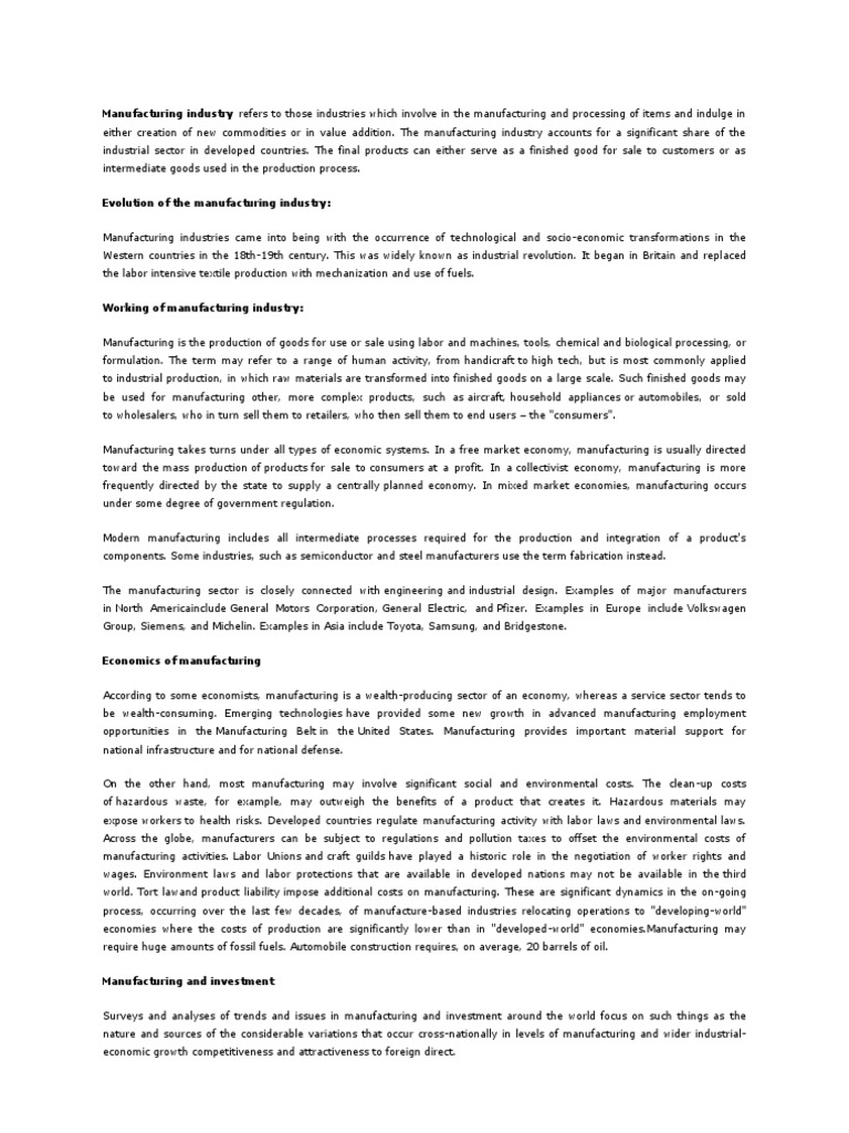 Overview of the Manufacturing Industry | PDF | Industries | Production ...