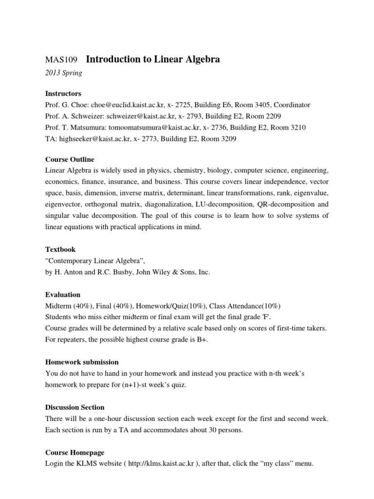Linear Algebra Course Overview 2013 | PDF | Matrix (Mathematics ...
