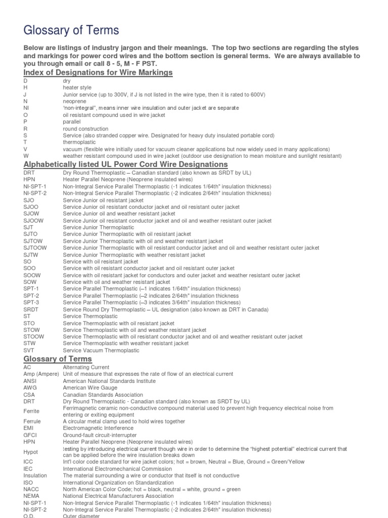 Glossary of Terms Index of Designations For Wire Markings PDF