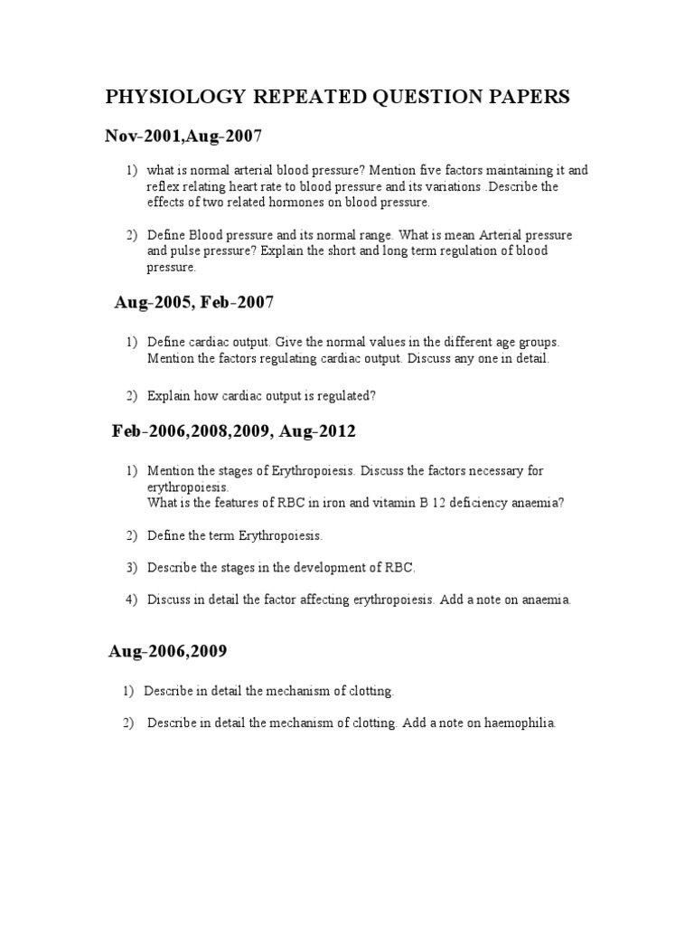 BDS MGR University Physiology Repeated Question Papers PDF