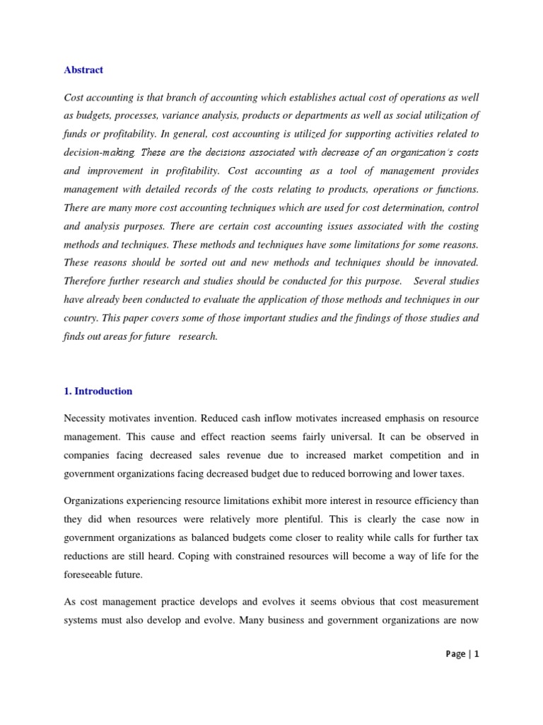 Overview of Published Articles on Cost Accounting Cost Accounting Management Accounting