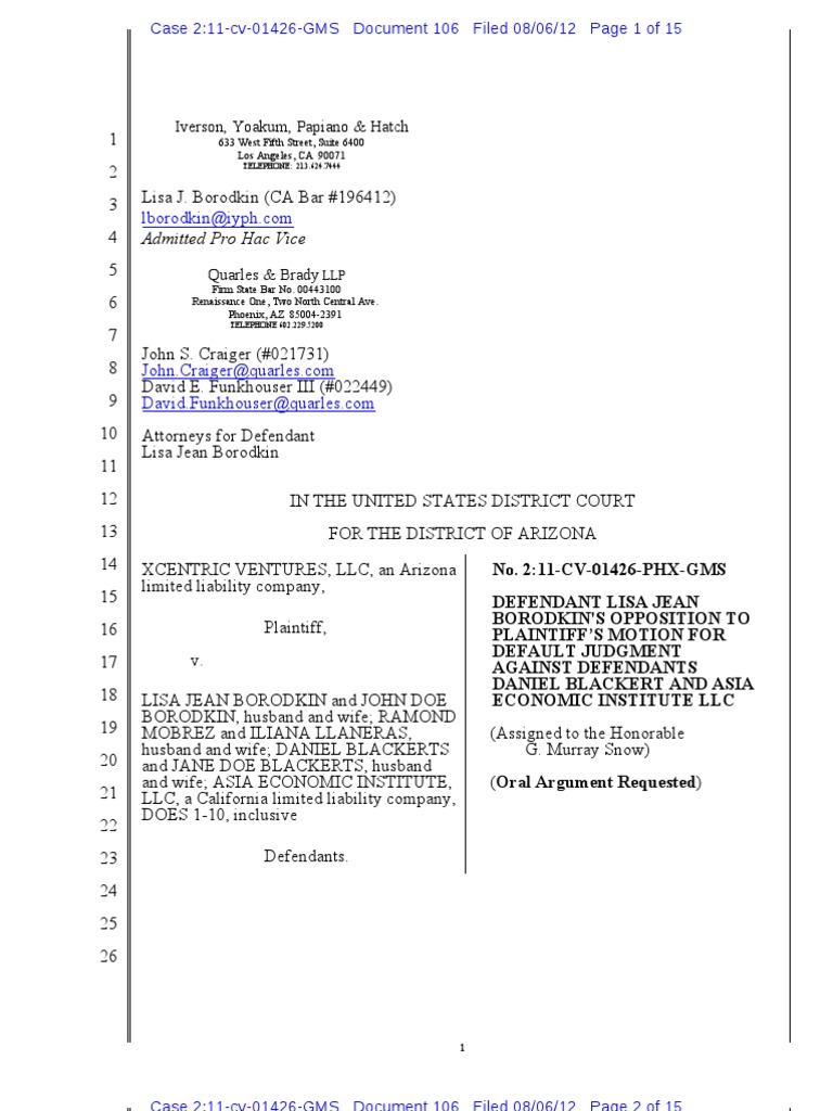 106 Lisa Opposition To Motion For Default Judgment PDF Complaint