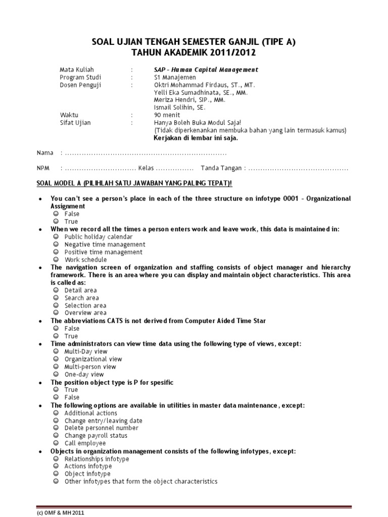 Soal Ujian Tengah Semester Ganjil 2011 Sap Hr Tipe A Tipe B Human Resources Human Resource Management