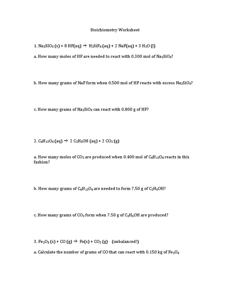 Nsc 130 Stoichiometry Worksheet Mole Unit Chemical Reactions