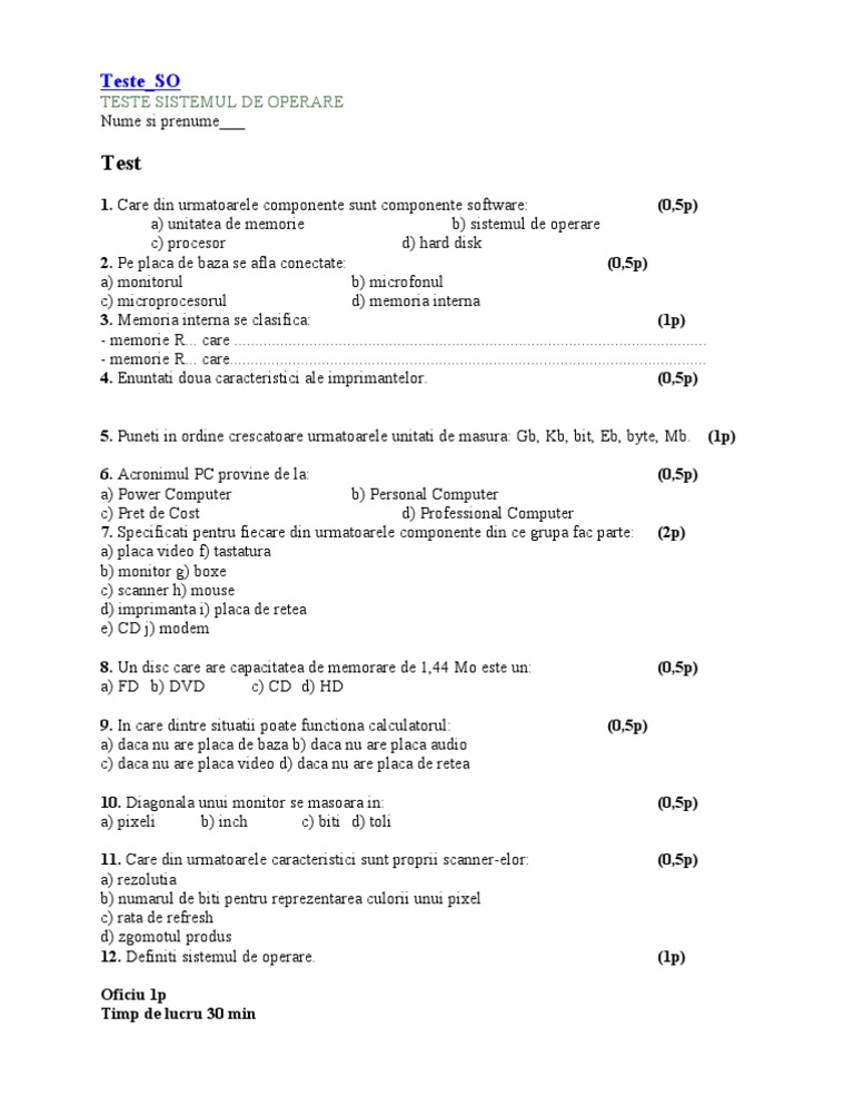 Test - Sisteme de Operare | PDF