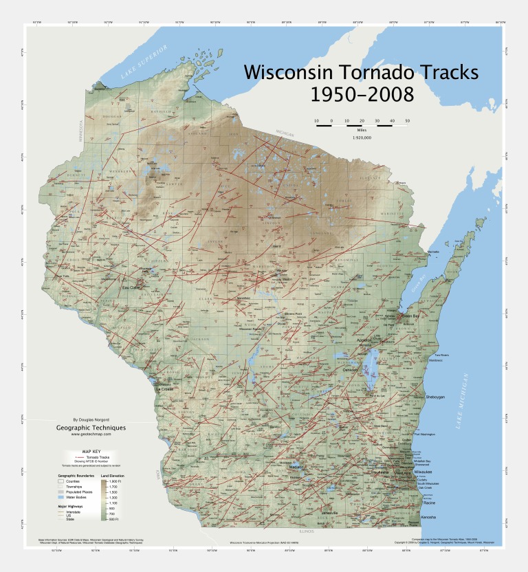Wisconsin Tornado Track Map 19502008 Mathematics Nature