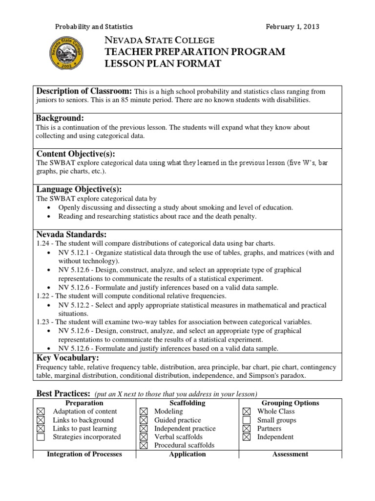 Probability and Statistics Lesson Plan Exploring Categorical Data 2/1 ...
