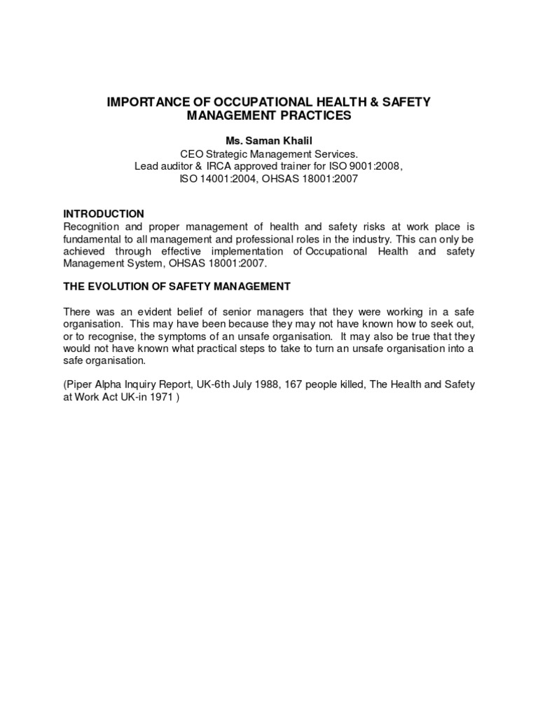 Importance of Occupational Health & Safety | PDF | Occupational Safety ...