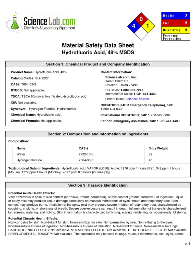 msds HF Oxide Fluorine