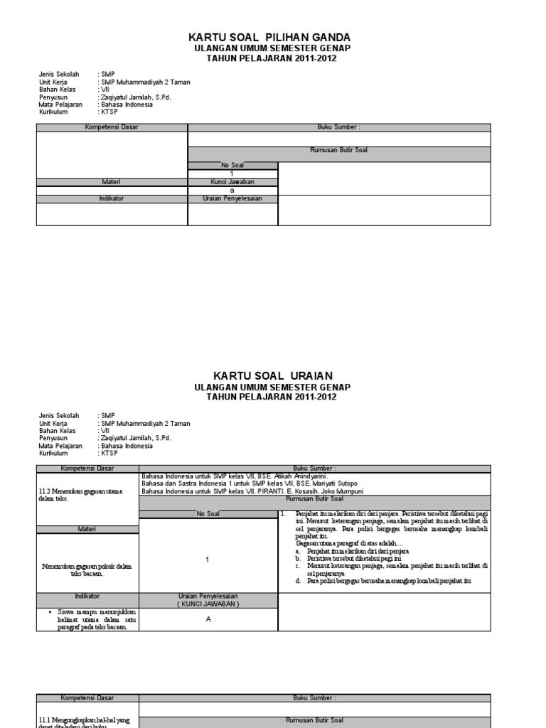 Format Kartu Soal K13