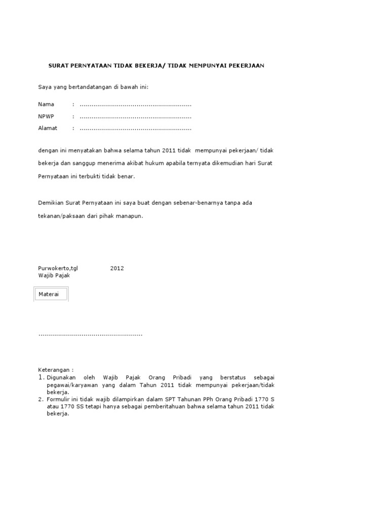 Formulir Contoh Surat Pernyataan Tidak Bekerja Bagi WP Formulir Contoh Surat Pernyataan Tidak Bekerja Bagi WP
