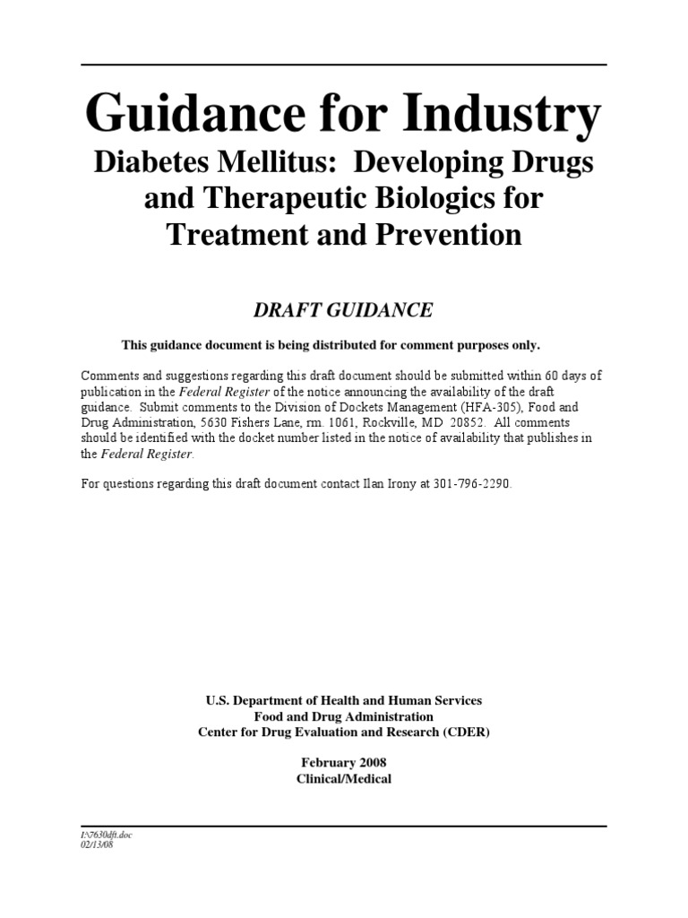 FDA Draft Guidance Diabetes Mellitus Developing Drugs and Therapeutic Biologics For