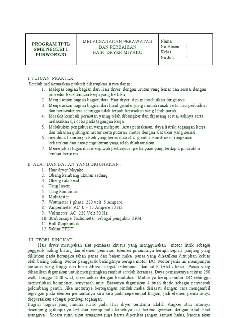Perawatan Hair Dryer Miyako di SMK | PDF