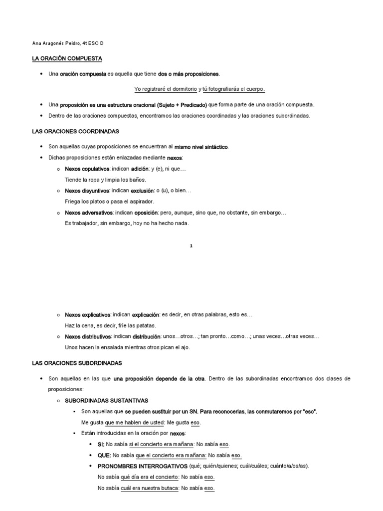 La Oración Compuesta | PDF | Oración (Lingüística) | Sintaxis