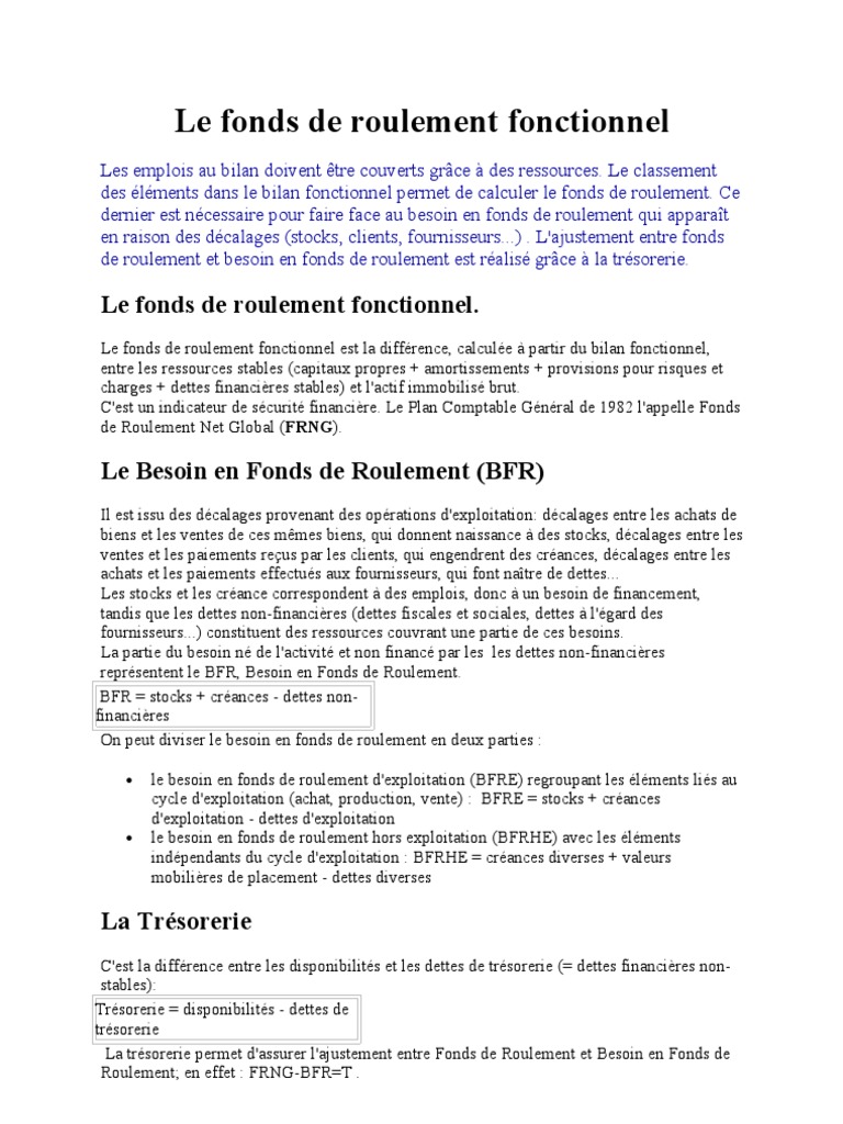 Le Fonds de Roulement Fonctionnel | PDF